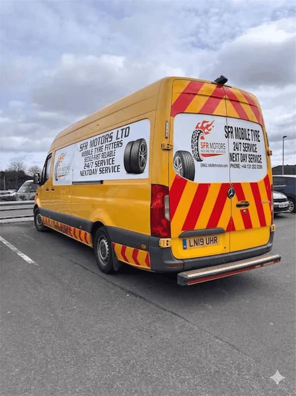 SFR Motors Ltd mobile tyre fitting van, fully equipped for 24/7 callouts across West Lothian and Edinburgh