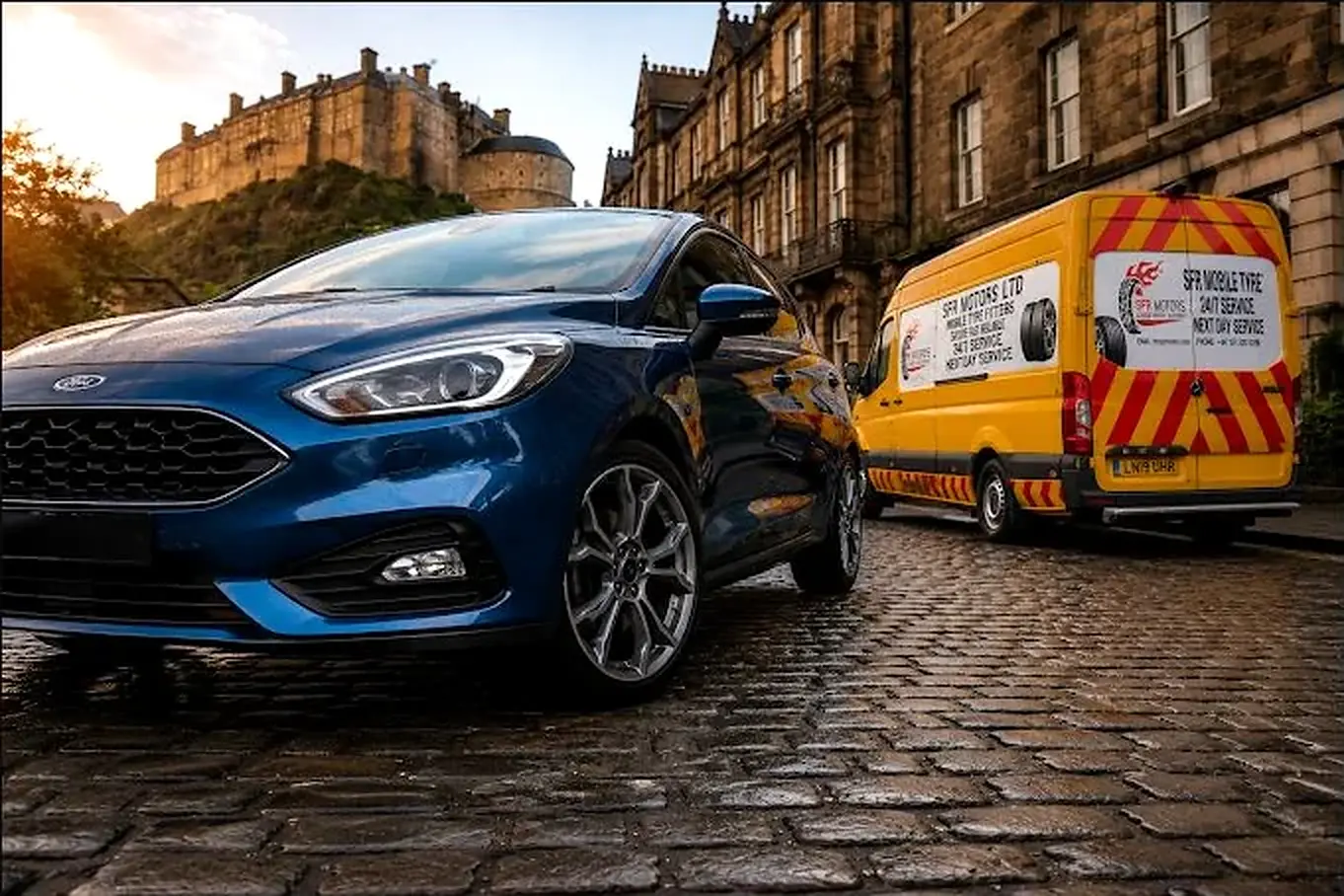 Blue Ford hatchback and a yellow SFR Motors van parked on a cobbled street below Edinburgh Castle