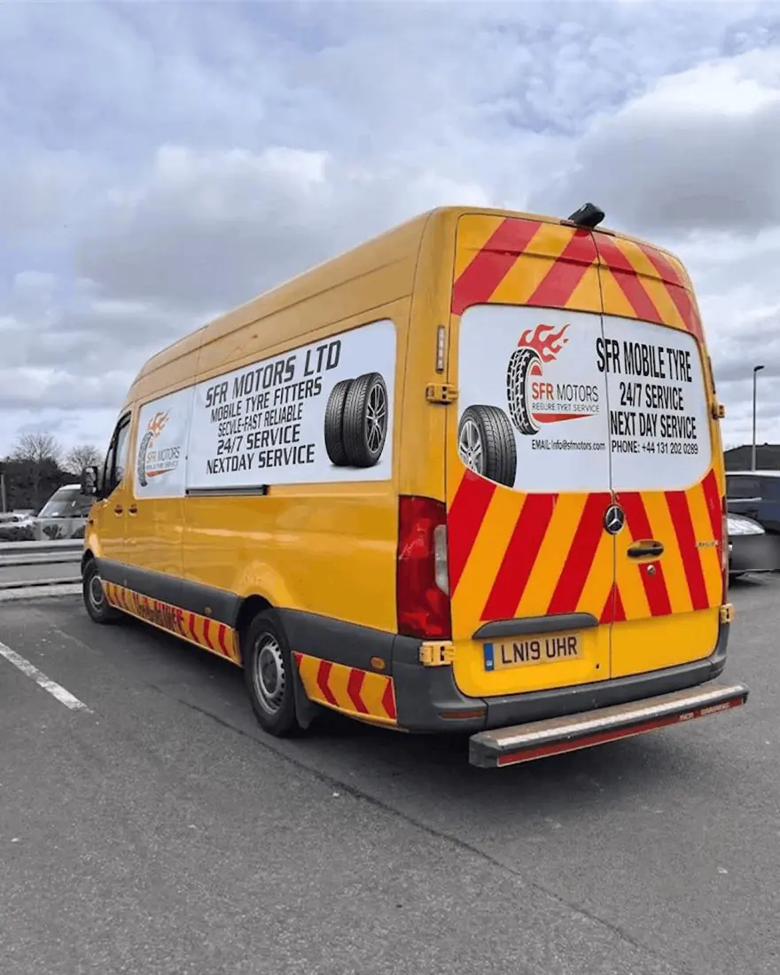 SFR Motors Ltd mobile tyre fitting van, fully equipped for 24/7 callouts across West Lothian and Edinburgh