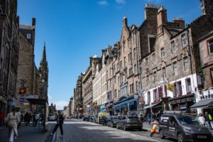 cobblestone streets of the Royal Mile with historic shops
