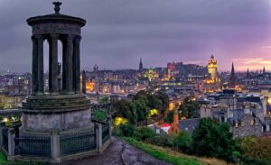 sunset at Calton Hill with Dugald Stewart Monument